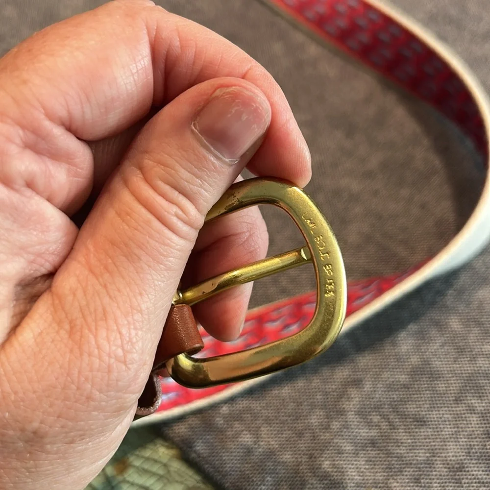 Leather Man LTD Woven Ribbon Belt Red & Blue Geometric Pattern Sz44 Brass Buckle